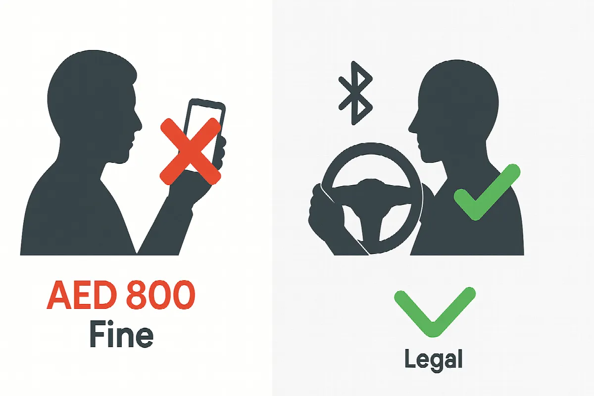 Comparison showing illegal phone use while driving versus legal hands-free alternatives