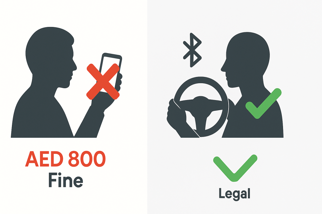 Comparison showing illegal phone use while driving versus legal hands-free alternatives