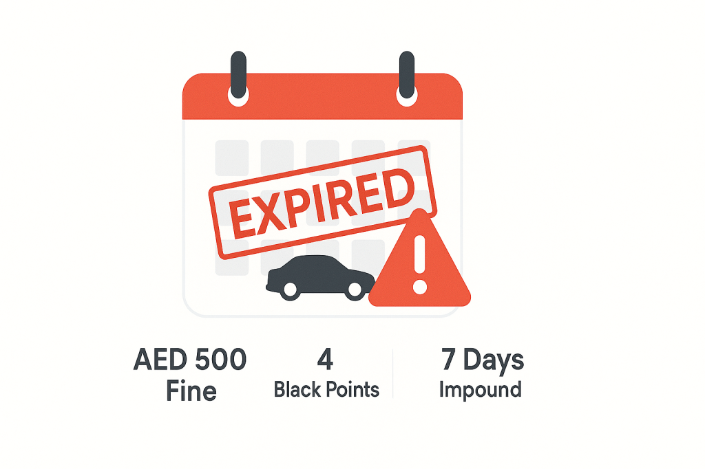 Calendar showing expired vehicle registration with associated penalties and fines
