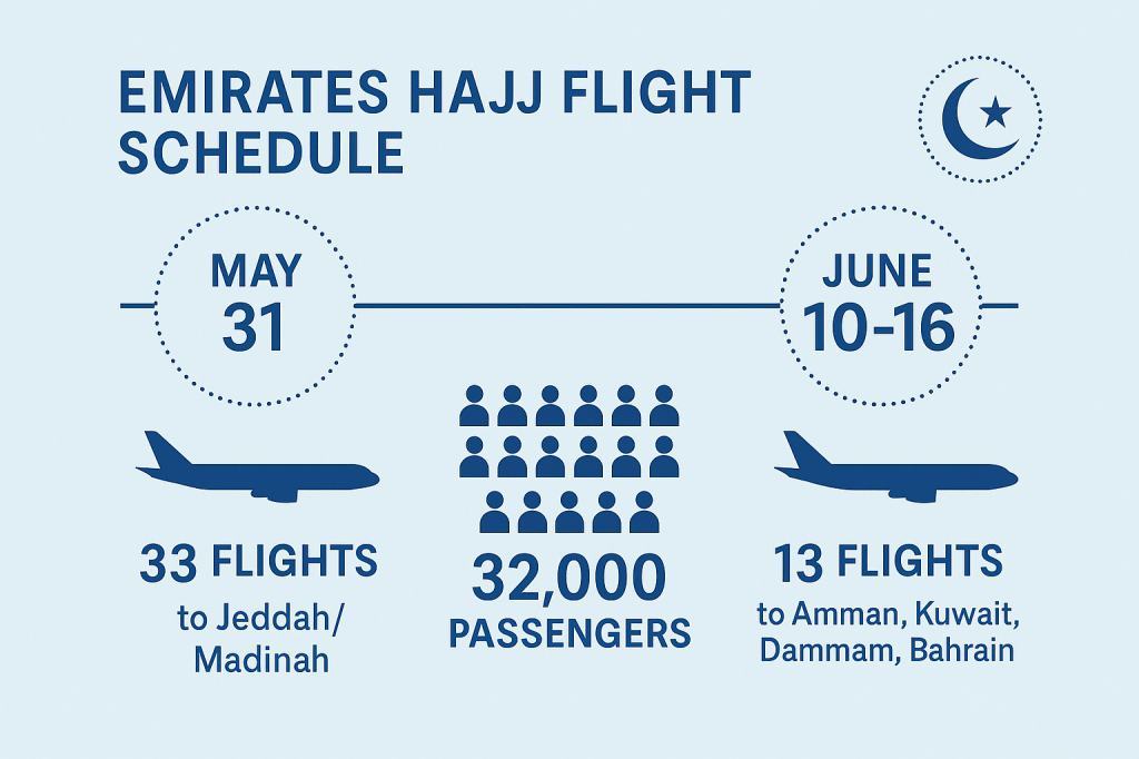 Emirates Hajj and Eid Al Adha flight schedule showing 46 special flights serving 32,000 passengers