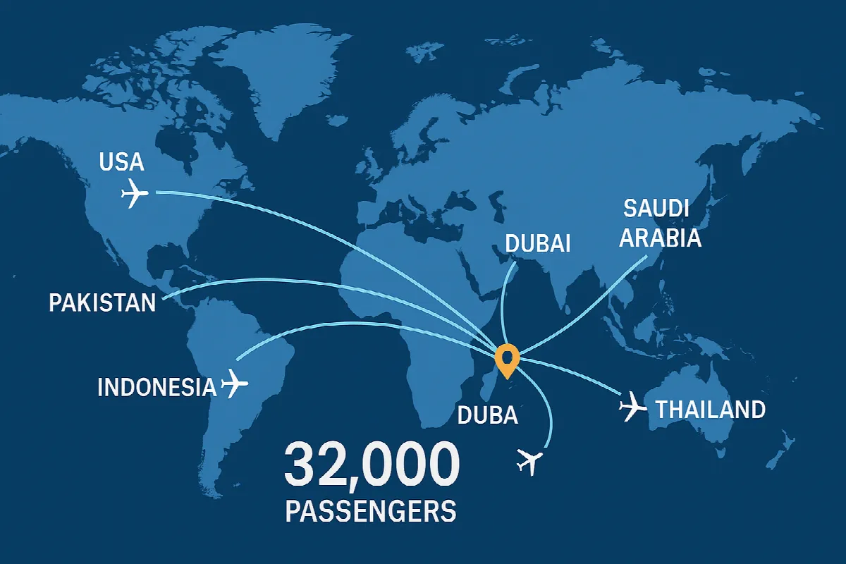 World map displaying Emirates' global network serving Hajj pilgrims from six continents to Makkah