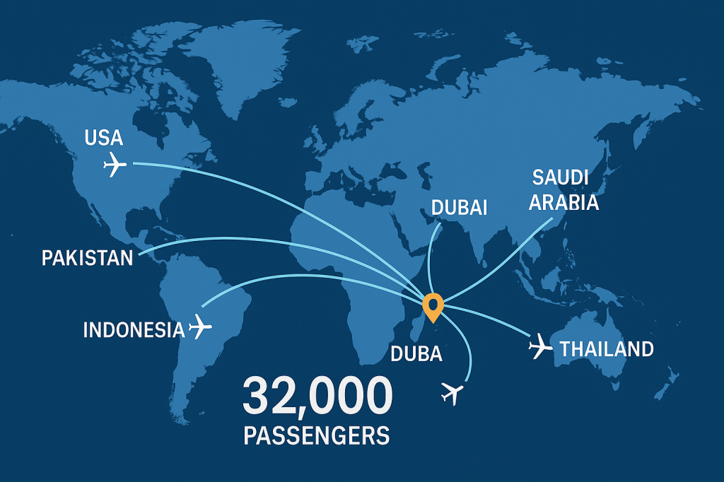 World map displaying Emirates' global network serving Hajj pilgrims from six continents to Makkah
