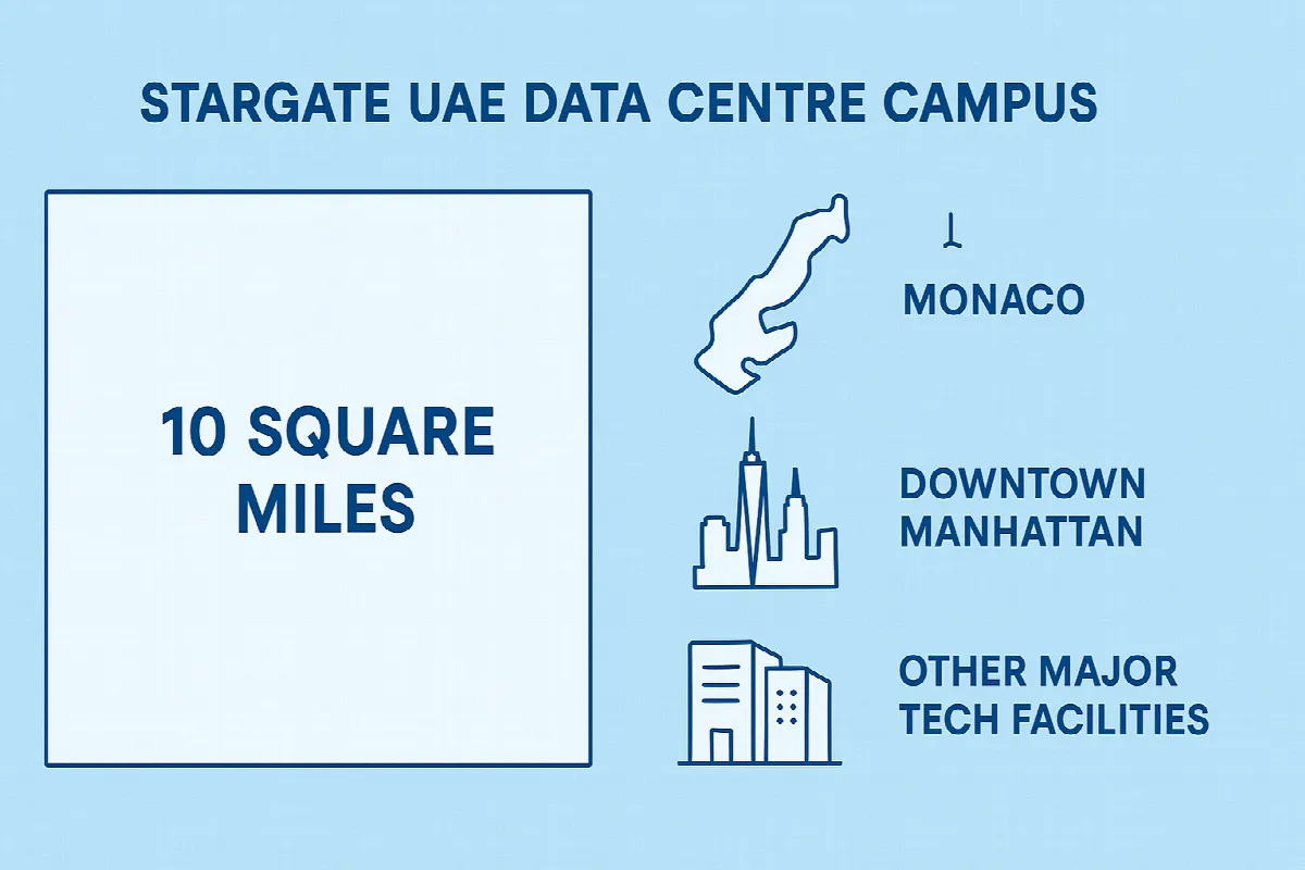 Stargate UAE data centre size comparison infographic showing 10 square mile campus scale