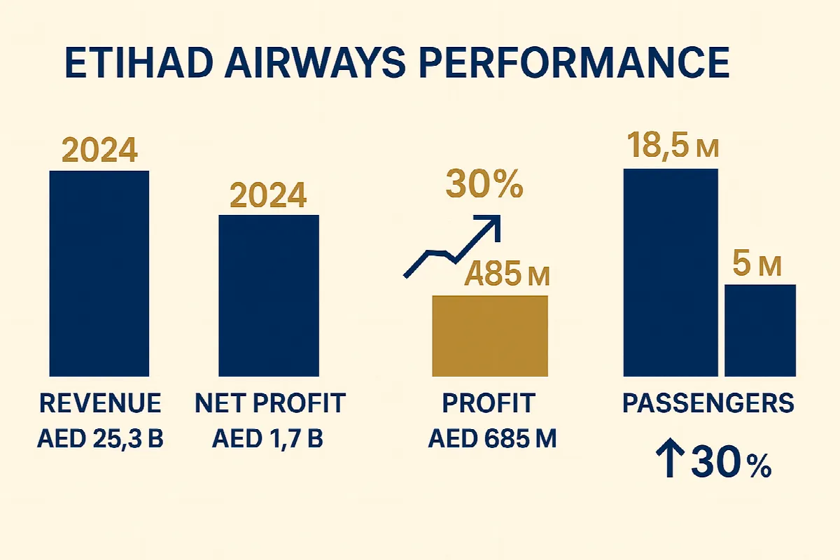 Etihad Airways financial performance comparison showing record profits and revenue growth from 2024 to Q1 2025