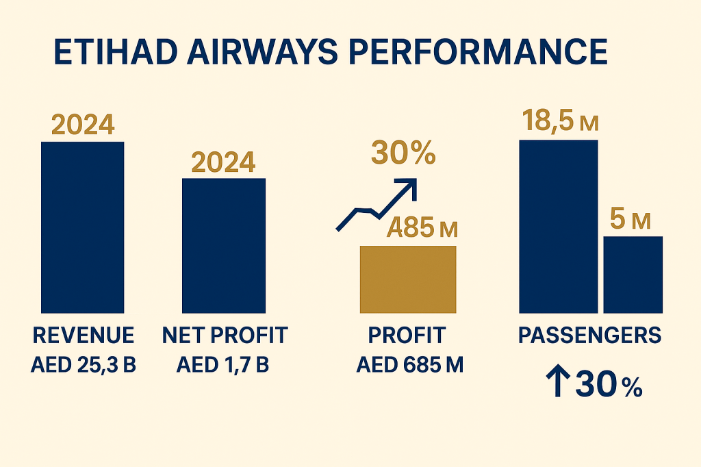 Etihad Airways financial performance comparison showing record profits and revenue growth from 2024 to Q1 2025