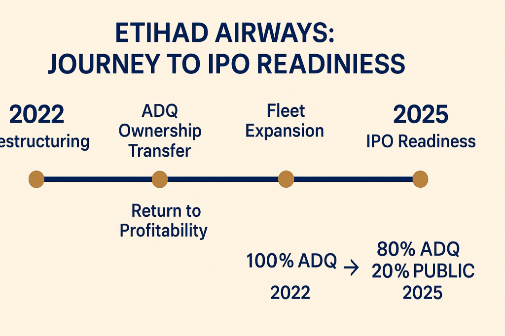Etihad Airways IPO timeline showing transformation from restructuring to public offering readiness