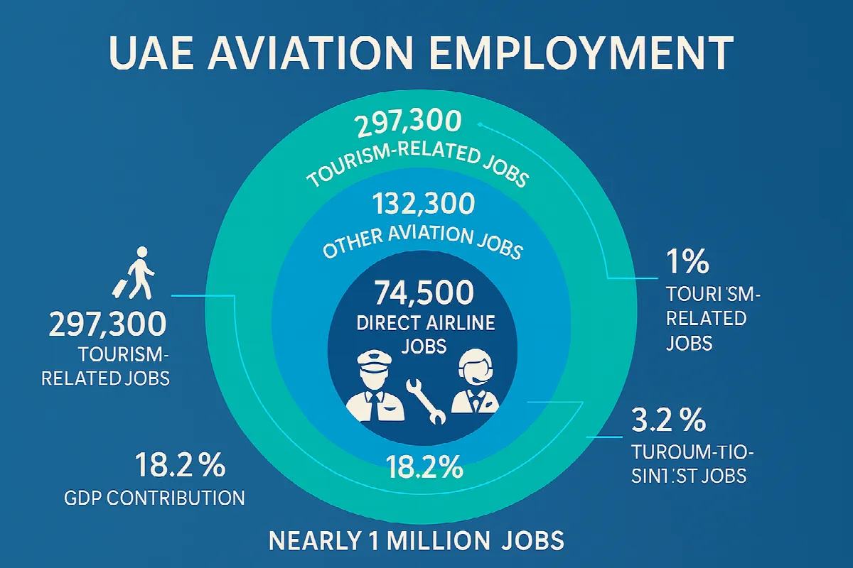 UAE aviation industry employment breakdown showing nearly one million jobs across direct airline, aviation support, and tourism sectors