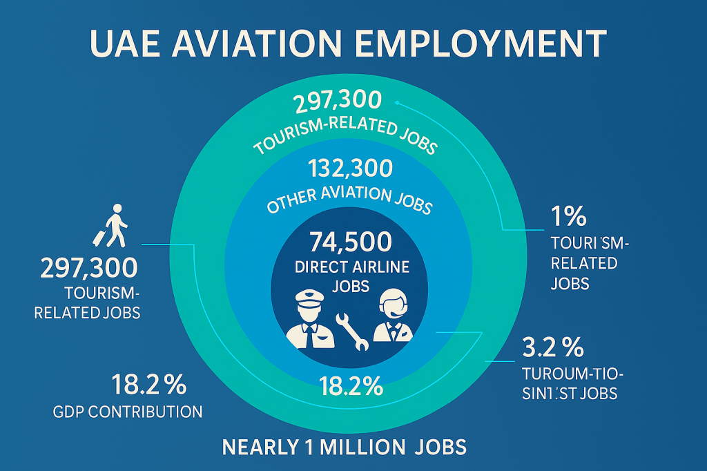 UAE aviation industry employment breakdown showing nearly one million jobs across direct airline, aviation support, and tourism sectors