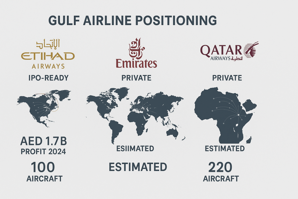 Gulf airline comparison chart showing Etihad Airways' competitive position and IPO readiness versus Emirates and Qatar Airways