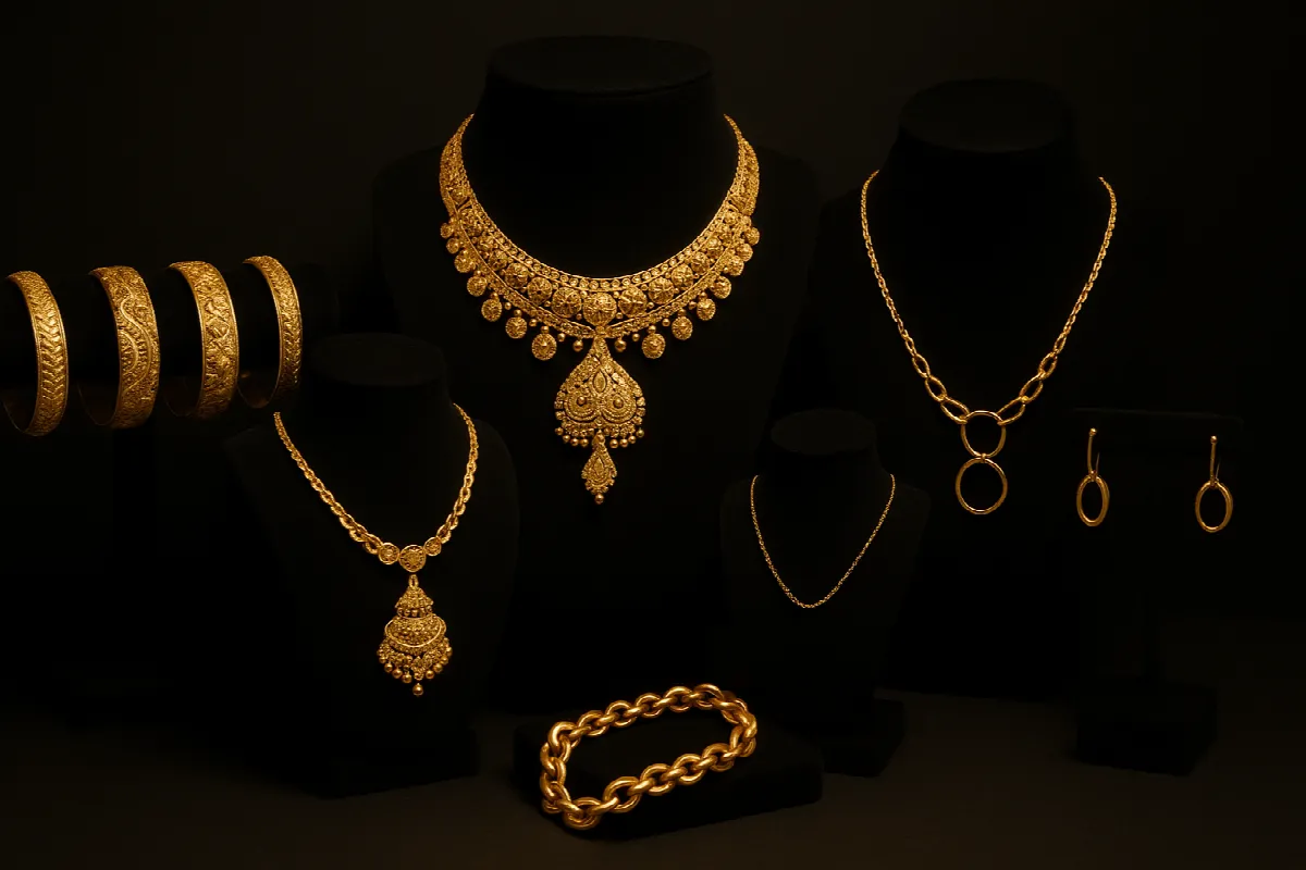 Diverse collection of gold jewellery showing Arabian, Indian, and international designs representing Dubai's multicultural gold market