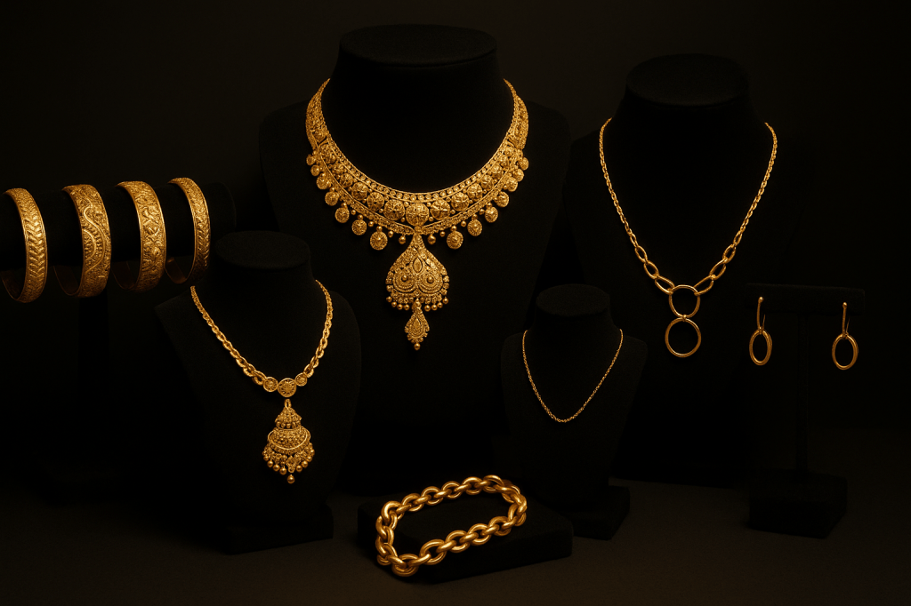 Diverse collection of gold jewellery showing Arabian, Indian, and international designs representing Dubai's multicultural gold market