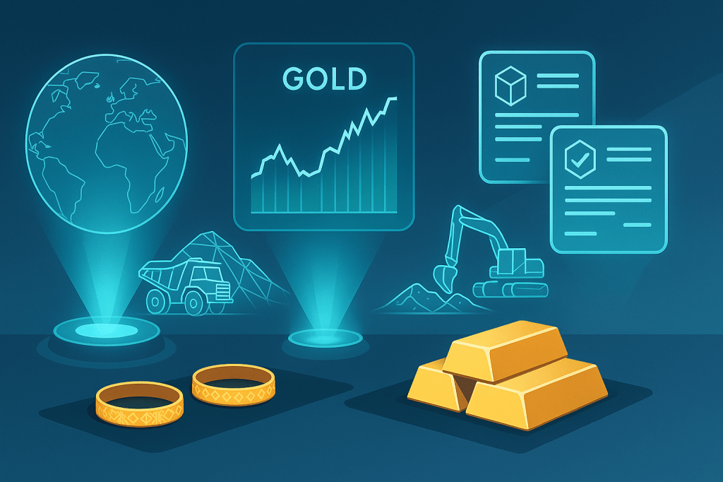 Futuristic concept showing Dubai's gold market evolution with technology, blockchain, and sustainable practices