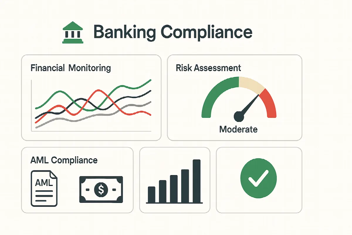 Banking compliance dashboard showing anti-money laundering monitoring systems and risk assessment tools