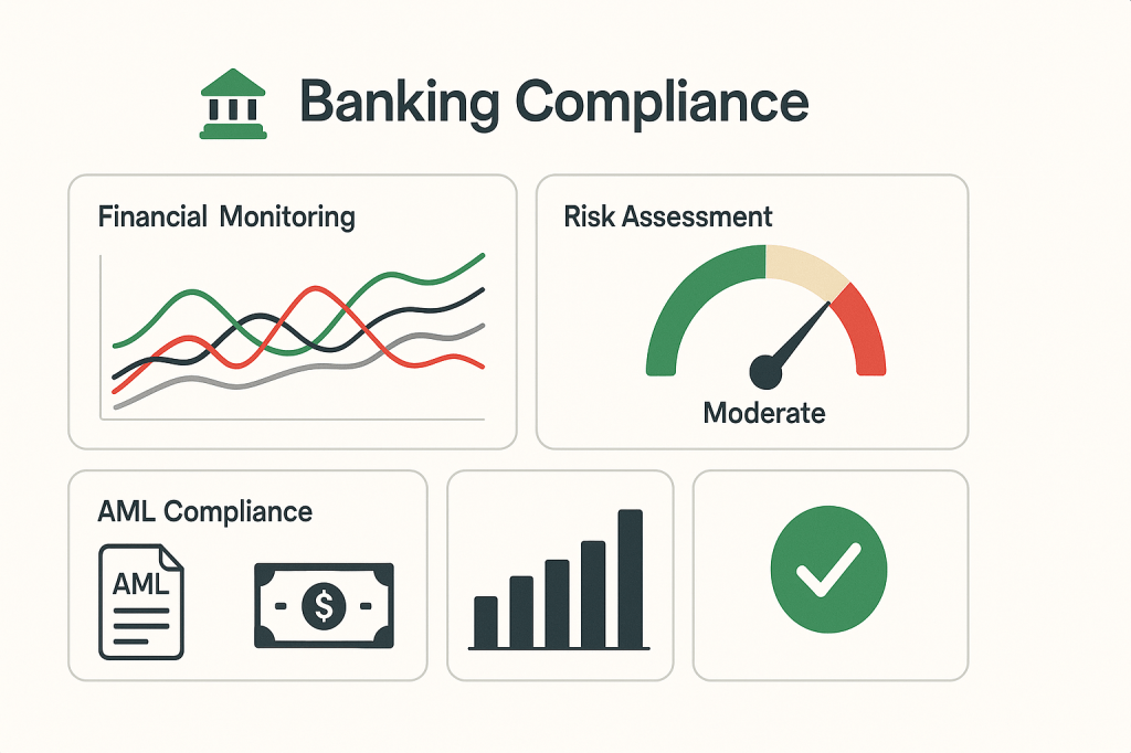 Banking compliance dashboard showing anti-money laundering monitoring systems and risk assessment tools