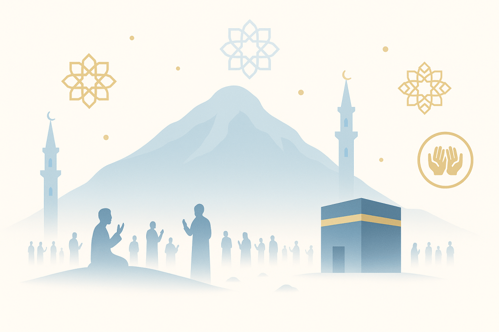 Mount Arafat and Islamic symbols representing Day of Arafat and Eid Al Adha religious significance