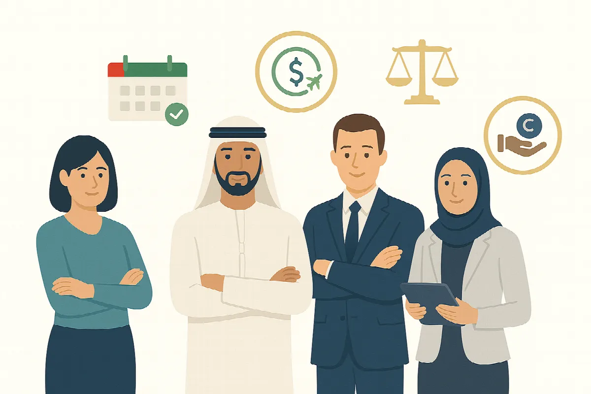 UAE workplace scene showing employee rights and holiday pay compensation during public holidays