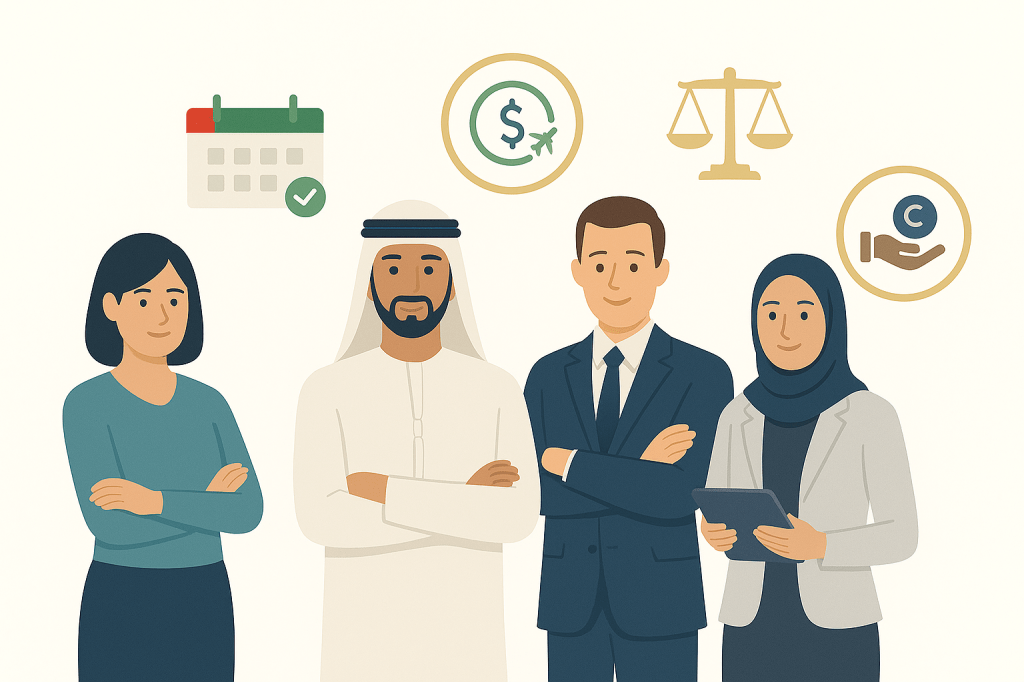 UAE workplace scene showing employee rights and holiday pay compensation during public holidays