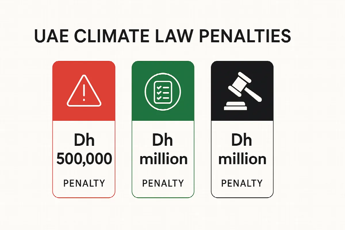UAE climate law penalty structure infographic showing fines from Dh500,000 to Dh2 million