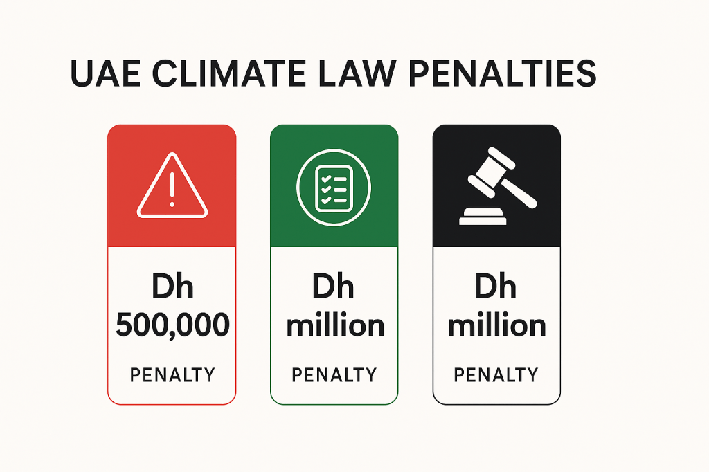 UAE climate law penalty structure infographic showing fines from Dh500,000 to Dh2 million