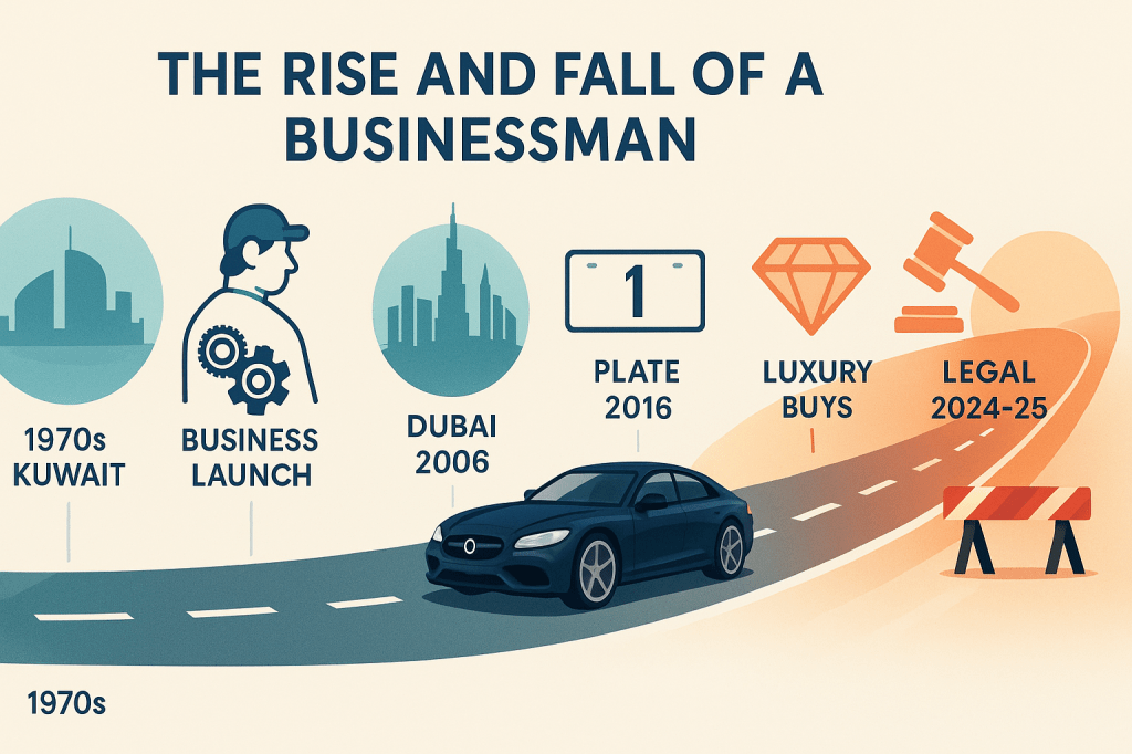 a visual timeline infographic in a clean, professional style showing the rise and fall of a businessman. On the left side, illustrate Kuwait in the 1970s, then progress through key moments: automotive business beginnings, relocation to Dubai in 2006, purchase of the famous license plate in 2016, luxury acquisitions, and finally legal troubles in 2024-2025. For each era, include a small illustrative icon (car parts, buildings, license plate, gavel). Use a road-like path connecting these elements with a luxury car traveling along it until it reaches barriers at the end. The color scheme should transition from optimistic blues and greens to cautionary oranges and reds.