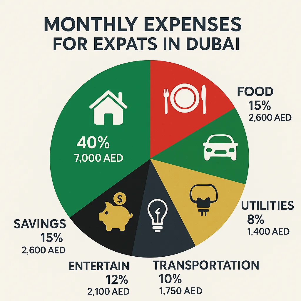 a clean, modern financial infographic showing monthly expenses for expats in Dubai. Include housing (40% - 7,000 AED), food (15% - 2,600 AED), transportation (10% - 1,750 AED), utilities (8% - 1,400 AED), entertainment (12% - 2,100 AED), savings (15% - 2,600 AED). Use a pie chart with UAE-themed colors and small icons representing each category