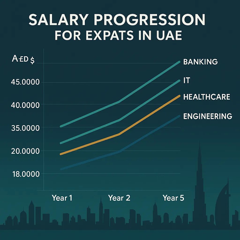 a professional chart showing salary progression for expats in UAE over 5 years. Show starting salaries and growth for Banking (22,000→35,000 AED), IT (20,000→40,000 AED), Healthcare (25,000→45,000 AED), Engineering (18,000→30,000 AED). Include UAE currency symbols and professional business aesthetic with Dubai skyline silhouette at bottom.