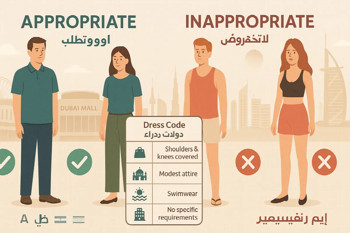 Illustrated guide to Dubai dress codes showing appropriate modest clothing options versus inappropriate revealing attire for different settings including malls, mosques, and public areas