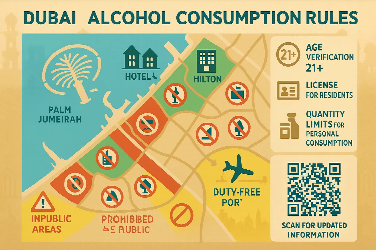 Map of Dubai showing zones where alcohol consumption is permitted (hotels and licensed venues) versus prohibited public areas, with age restrictions and legal guidelines for tourists