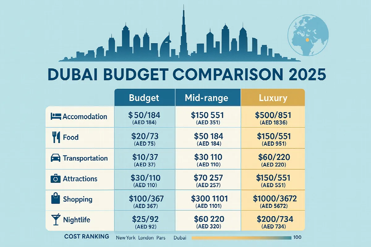 Comprehensive Dubai expense comparison chart showing daily costs for budget, mid-range and luxury travelers across accommodation, food, transportation, attractions, shopping and nightlife categories in 2025