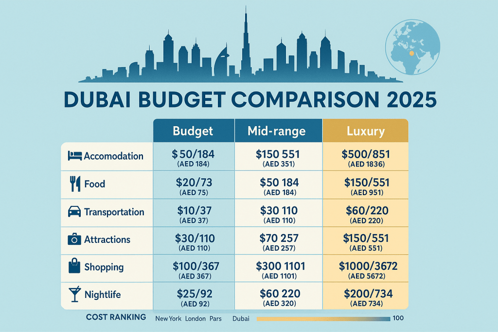 Comprehensive Dubai expense comparison chart showing daily costs for budget, mid-range and luxury travelers across accommodation, food, transportation, attractions, shopping and nightlife categories in 2025