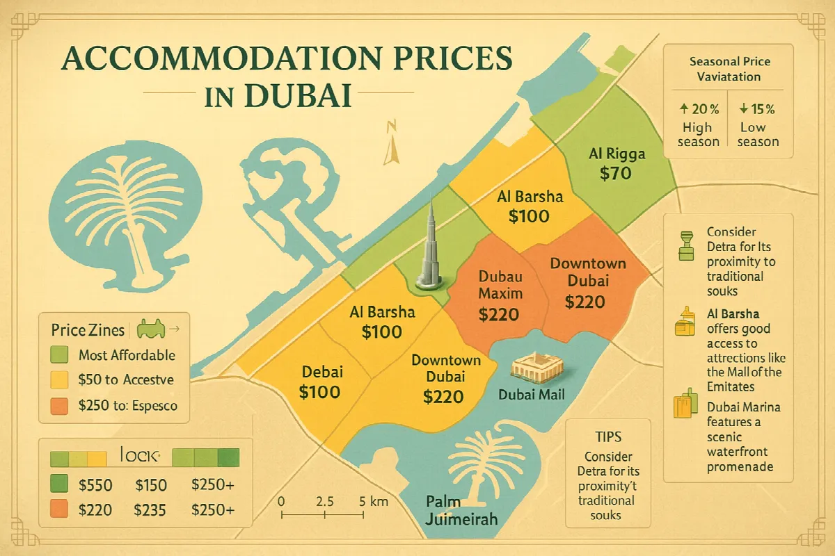 Dubai accommodation cost map showing price zones across different neighborhoods, from affordable areas like Deira to premium locations like Downtown and Palm Jumeirah, with seasonal variation data