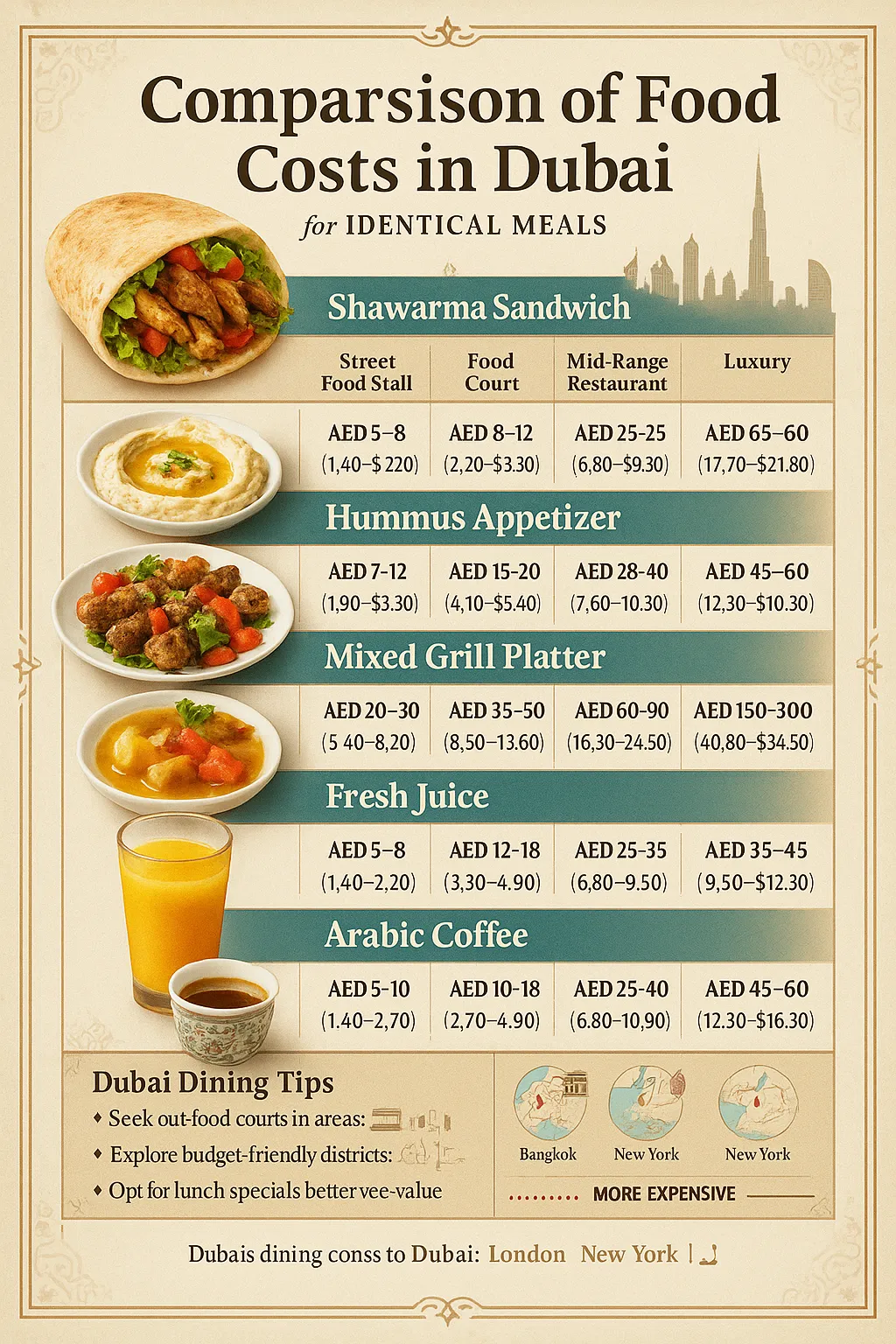 Dubai food cost comparison showing price ranges for popular dishes like shawarma and mixed grill across street food, food courts, mid-range restaurants and luxury dining establishments