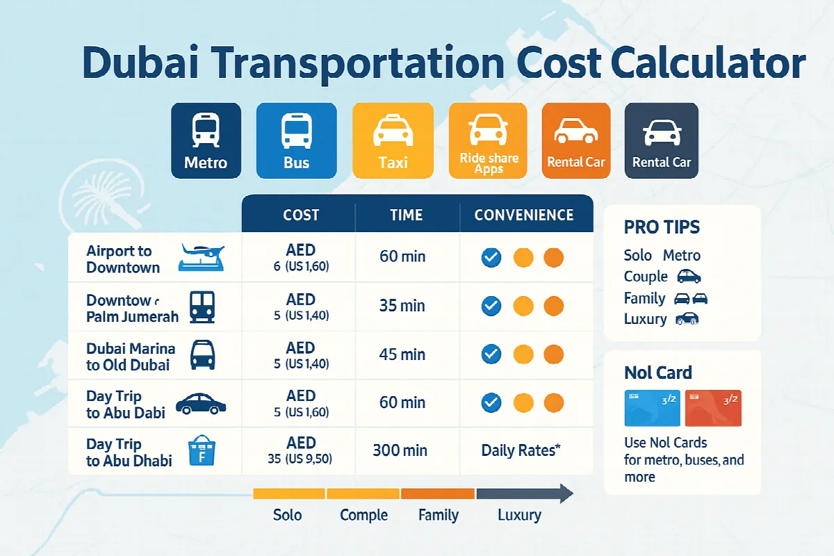 Dubai transportation cost calculator comparing prices and travel times for metro, bus, taxi, ride-shares and rental cars across popular tourist routes, with tips for different traveler types