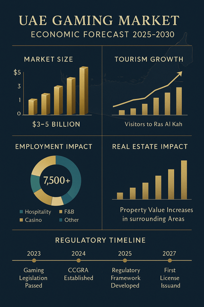  infographic titled 'UAE Gaming Market: Economic Forecast 2025-2030' using a luxury color palette of deep navy blue, gold, cream, and teal. The design should be elegant and professional, suitable for a business publication. Include these distinct sections with corresponding icons and data visualizations: 1) Market Size projection ($3-5 billion) with a gold 3D bar chart showing growth over 5 years; 2) Employment Impact showing 7,500+ jobs at Wynn Al Marjan Island with breakdown by department using a circular diagram; 3) Tourism Growth with a line graph showing projected visitor increases to Ras Al Khaimah; 4) Real Estate Impact displaying property value increases in surrounding areas; 5) Regulatory Timeline from 2023-2027 as a horizontal timeline with key milestones including GCGRA establishment and first license issuance. 
