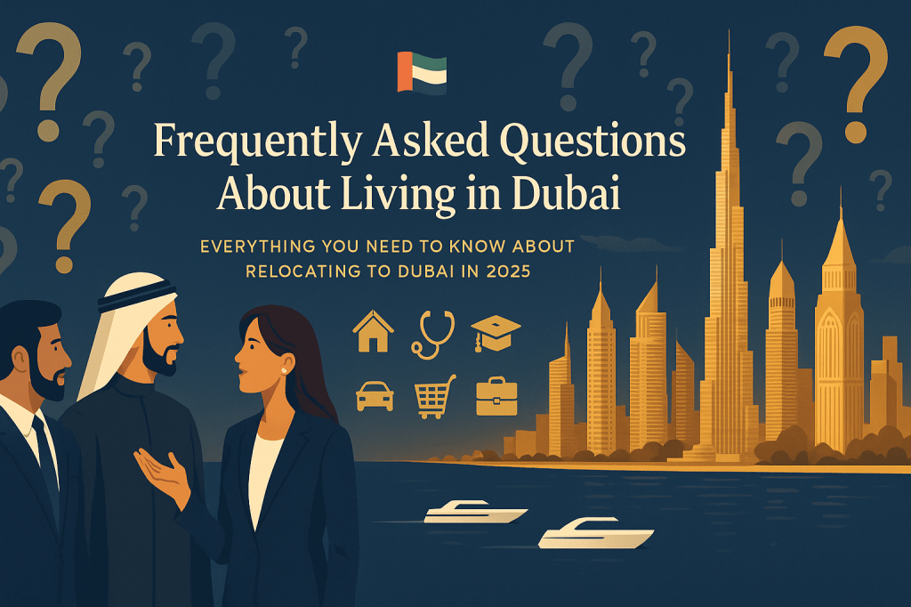 Frequently asked questions about relocating to Dubai in 2025 showing professionals discussing accommodation, transportation, healthcare, education and employment topics