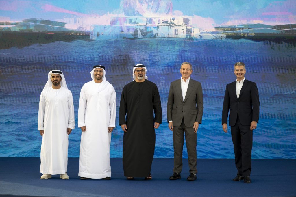 Pictured: Mohamed Abdalla Al Zaabi, CEO of Miral, His Excellency Mohamed Khalifa Al Mubarak, Chairman of Miral, His Highness Sheikh Khaled bin Mohamed bin Zayed Al Nahyan, Crown Prince of Abu Dhabi, Bob Iger, CEO of The Walt Disney Company, Josh D’Amaro, Chairman, Disney Experiences