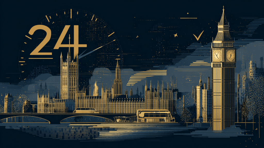 London skyline with 24-hour clock and UAE passport representing fast UK visa processing for Emirates residents