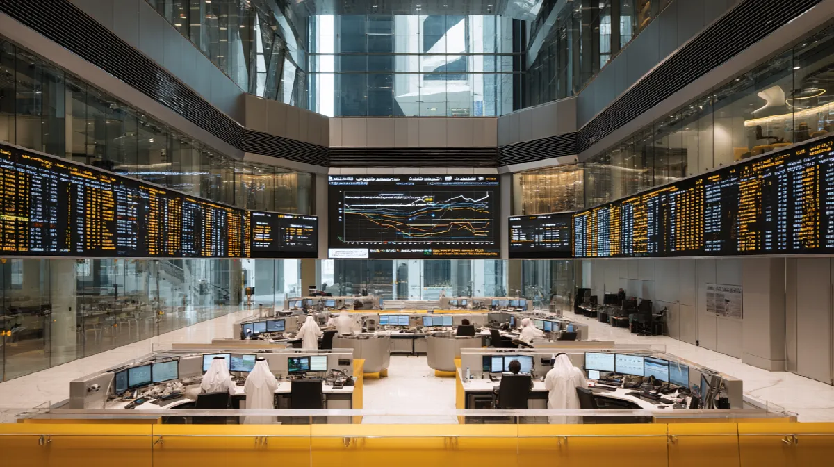 Modern Dubai Gold & Commodities Exchange trading floor showing digital gold price displays and professional traders