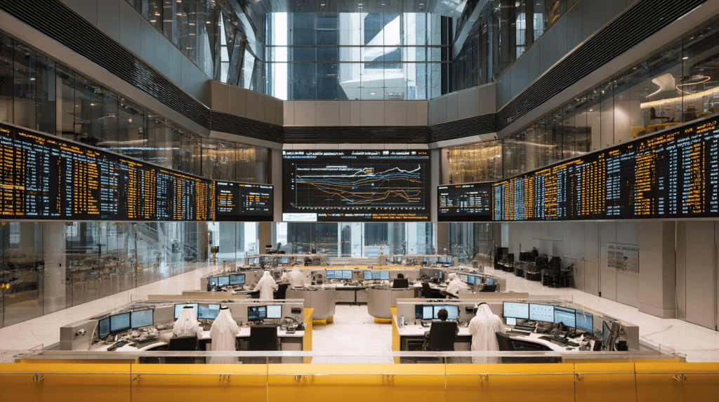 Modern Dubai Gold & Commodities Exchange trading floor showing digital gold price displays and professional traders