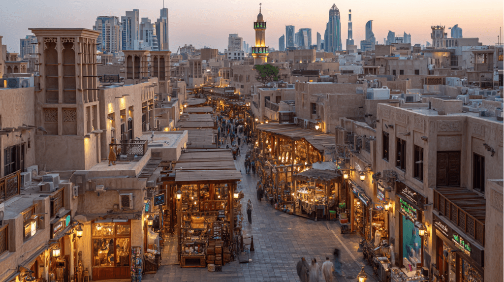 Aerial view of Dubai's famous Deira Gold Souq showing traditional covered walkways with gold shops and modern skyline