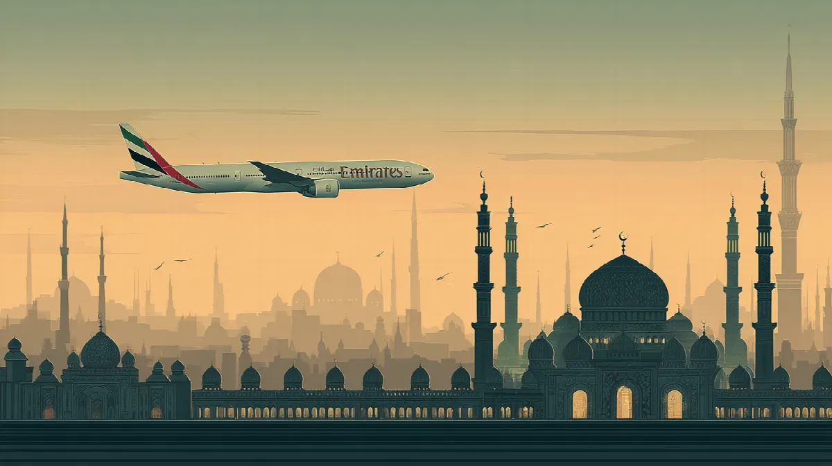 Emirates aircraft flying towards Makkah for Hajj pilgrimage with Islamic architectural silhouettes