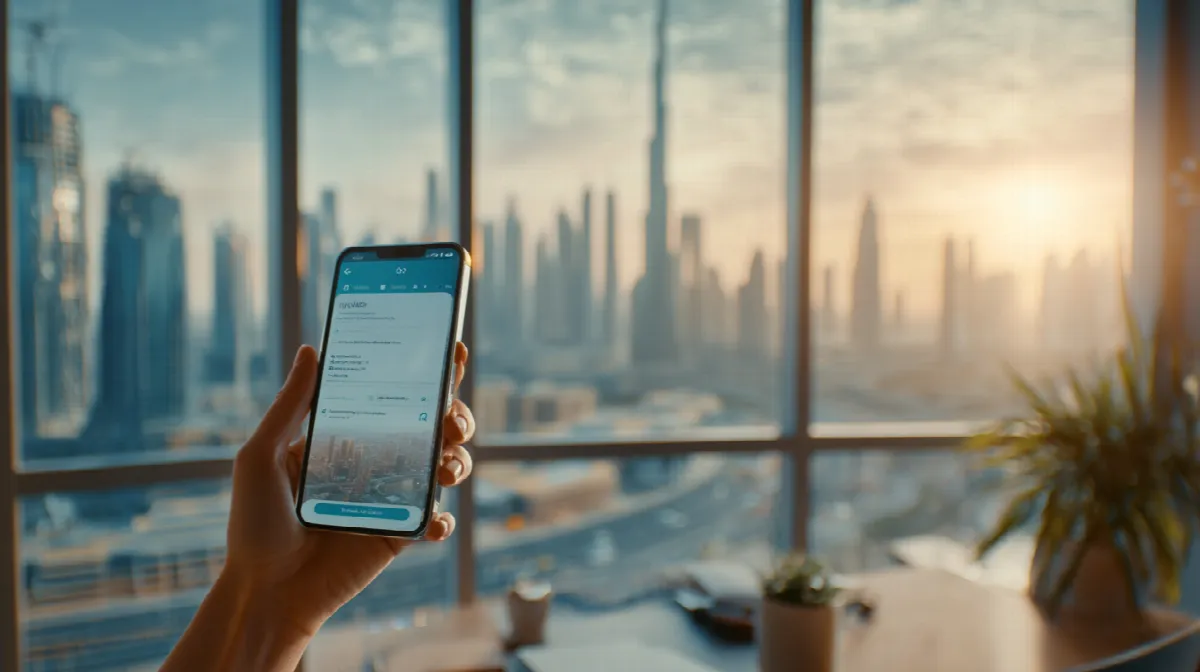 Person checking ILOE insurance eligibility on mobile app with Dubai skyline in background