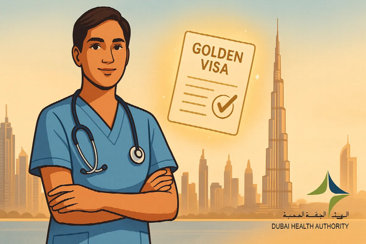 Nurse receiving Golden Visa in Dubai with skyline background