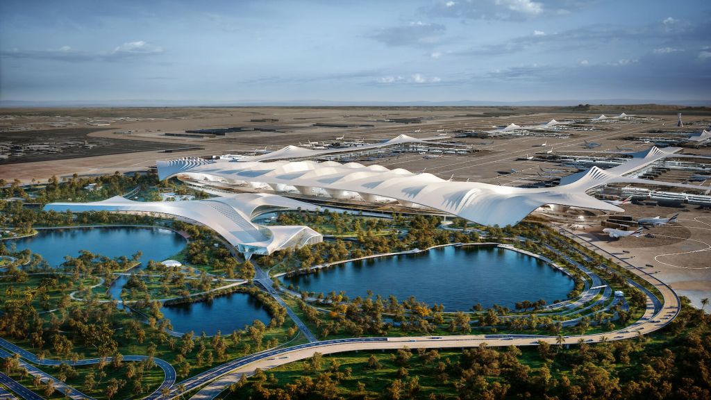 Al Maktoum International Airport terminal model showcasing the futuristic design
