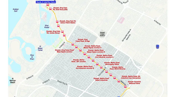 Map showing all intercity bus routes between Dubai and Sharjah