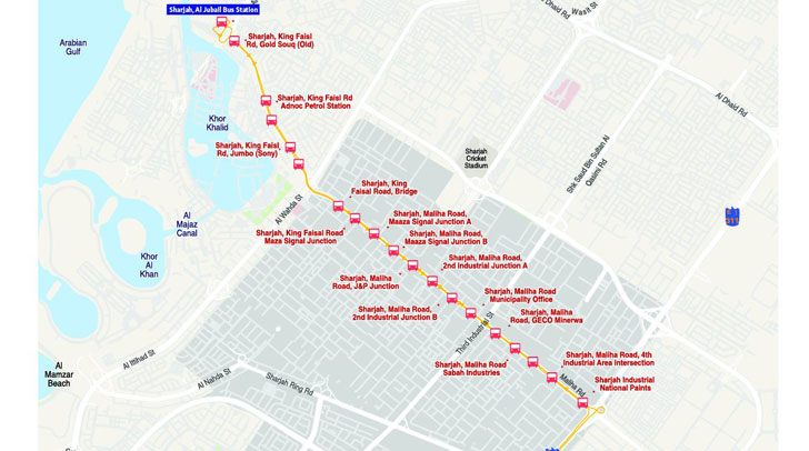 Map showing all intercity bus routes between Dubai and Sharjah