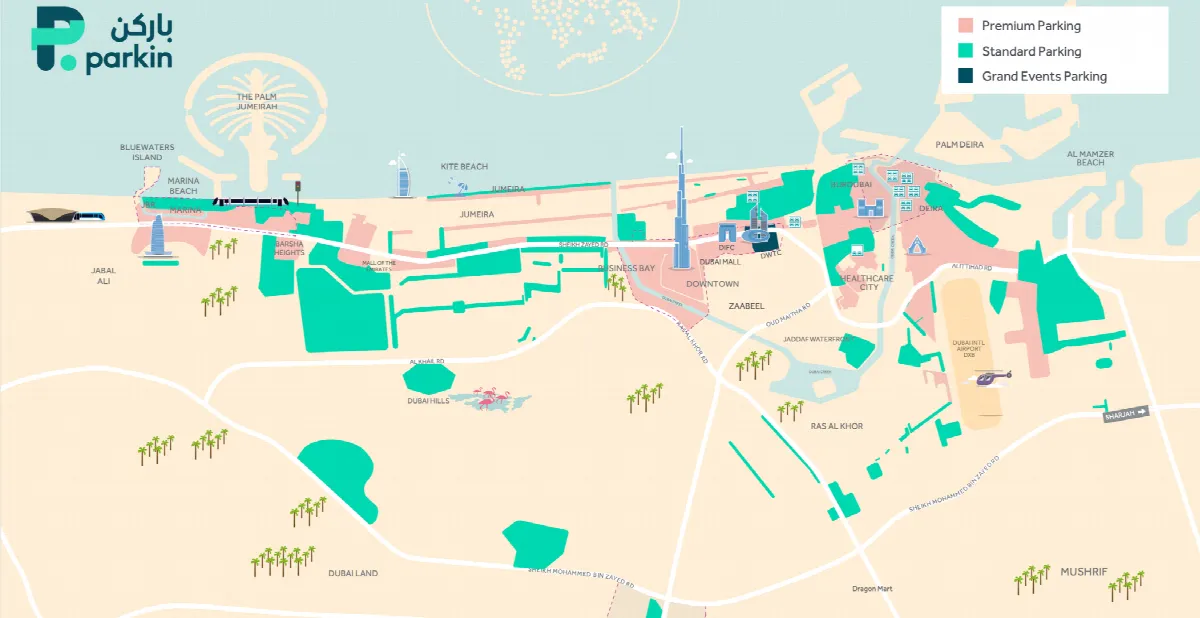Map of Dubai showing different parking zones with subscription availability highlighted