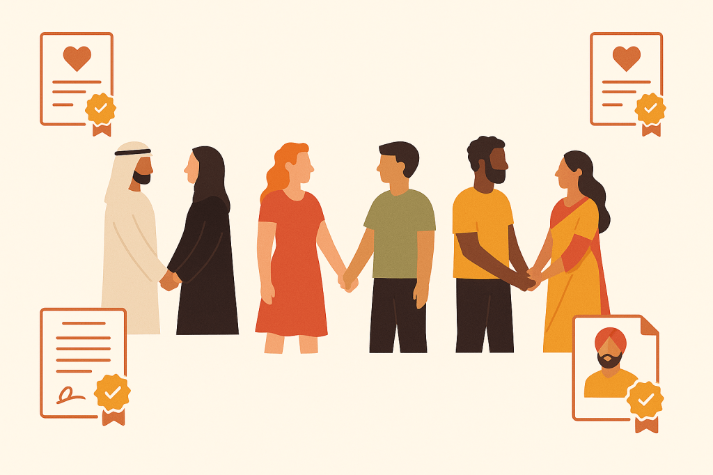 Diverse expatriate couples in UAE considering prenuptial agreements