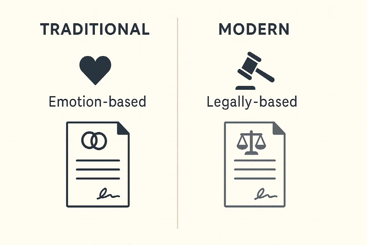 Comparison chart of traditional versus modern marriage contract approaches
