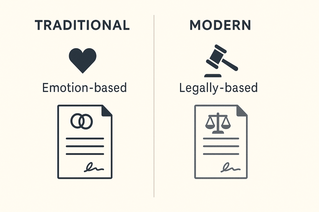 Comparison chart of traditional versus modern marriage contract approaches